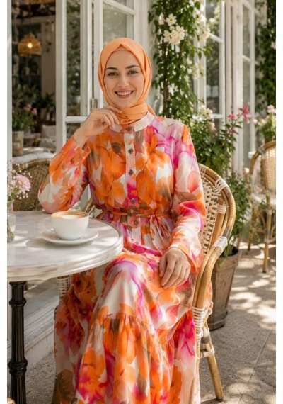 Hb Harma Time Butik Kadın Düğmeli Desenli Modal Kumaş Turuncu Elbise