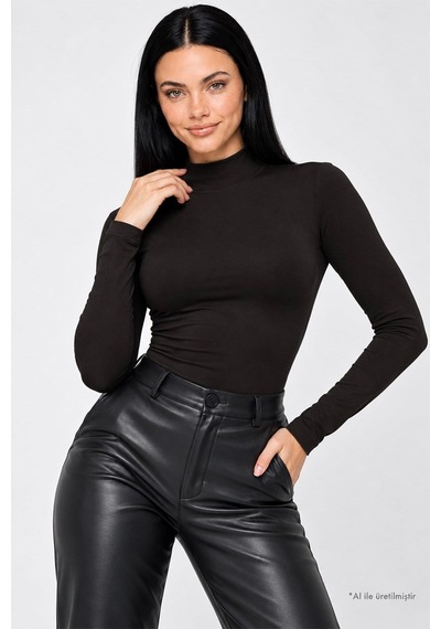 Cottonhıll Premium - Drape Collection Siyah Viskon Balıkçı Yaka Uzun Kollu Çıtçıtlı Kadın Bodysuit
