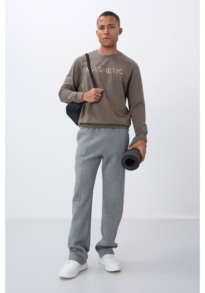 Tommy Life Koyu Bej Yazı Nakışlı O Yaka Rahat Form İçi Polarlı Erkek Sweatshirt - 88020 Koyu Bej