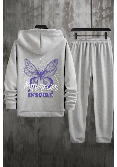 Uyguntarz Unisex Butterfly & Letter Graphic Baskılı Eşofman Takımı Gri