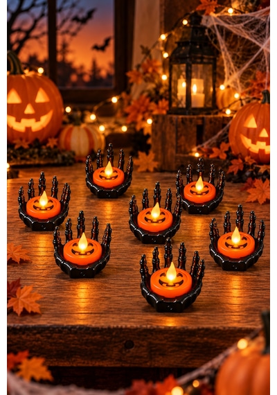 Halloween Cadılar Bayramı Led Işıklı İskelet El Mumluk Siyah Turuncu Balkabağı Dekoru 6x6 Cm Renkli