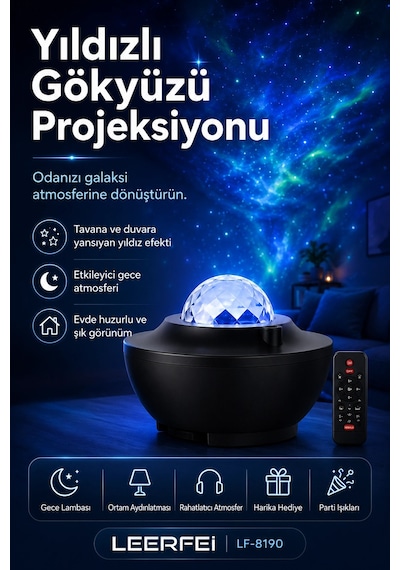 Uzaktan Kumandalı Yıldızlı Gökyüzü Projektörü Gece Lambası Ambiyans Işıklı Çok Renkli