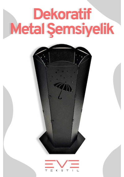 Eve Tekstil Lüx Dış Ve İç Mekana Uygun Şemsiye Desenli Paslanmaz Şemsiyelik Siyah
