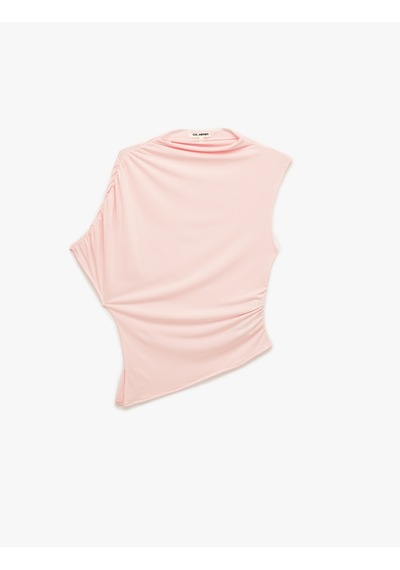 Koton Drapeli Slim Fit Kısa Kollu Dik Yaka Asimetrik Bluz Pembe 7wal60014ık Gül