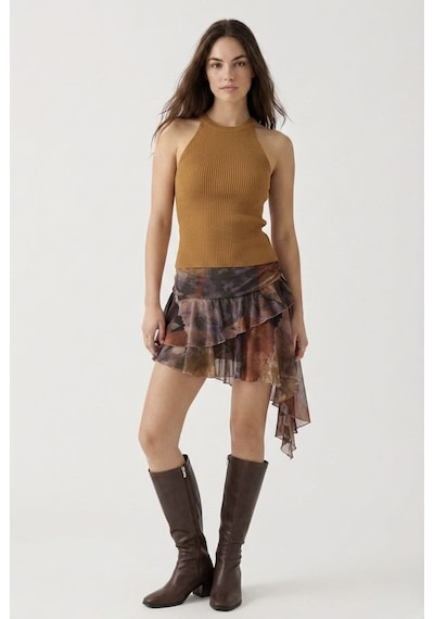 Neden Tekstil Kadın Fitilli Halter Yaka Crop Bluz - Camel