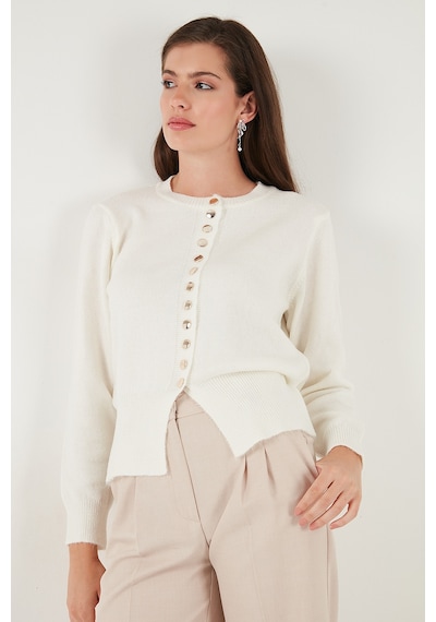 Lela Premium Comfort Fit Yuvarlak Yaka Crop Triko Bayan Hırka 680Hi00164 Ekru
