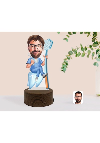 Kişiye Özel Erkek Diş Hekimi Karikatürlü Dekoratif 3D Biblo Led I(481494840) Çok Renkli