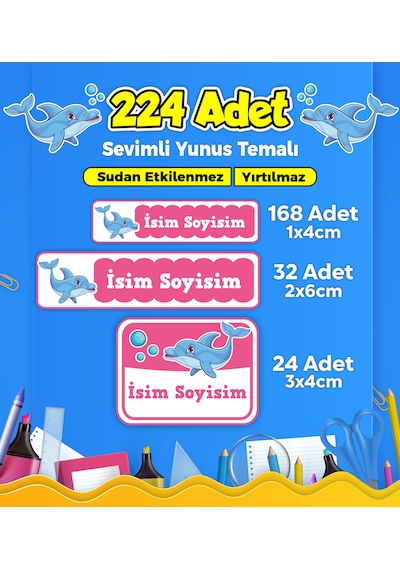 Sevimli Yunus Temalı Okul Kreş Kişiye Özel İsim Etiket Seti - Model 81 Çok Renkli