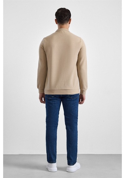 Süvari Bej Regular Düz Fermuarlı Polo Yaka Sweatshirt Sw2013700028-bj3