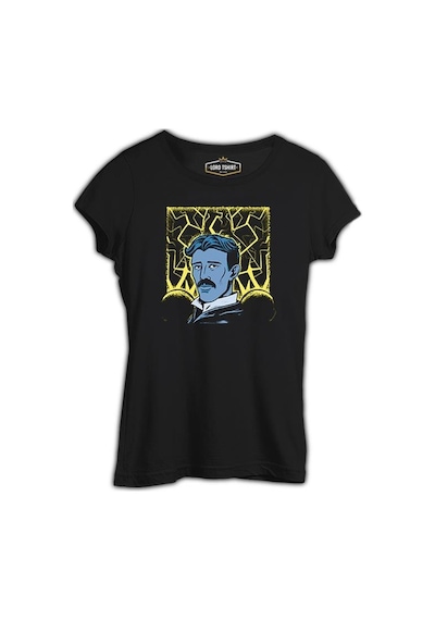 Nicola Tesla With An Electric Bacground Siyah Kadın Tshirt 001