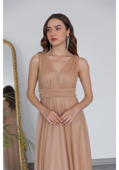 Neşeli Butik Kadın Gold Drapeli Tül Abiye Elbise Nb2030 Sarı