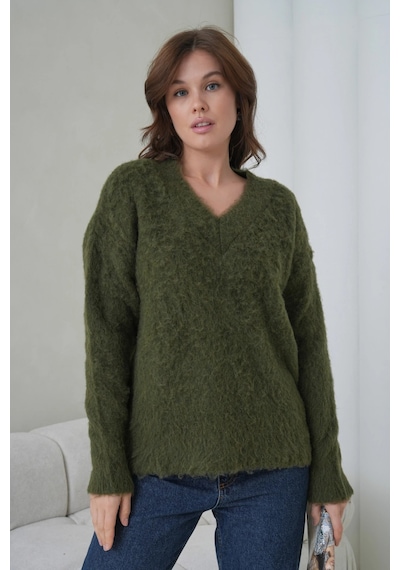 Park Karon Kadın V Yaka Sakal Dokulu Şardonlu Oversize Triko Kazak 8695 Haki