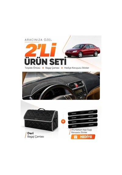 Honda Accord 2002-2008 Uyumlu Torpido Örtüsü + Deri Bagaj Çantası + Sticker Seti - Siyah Gri
