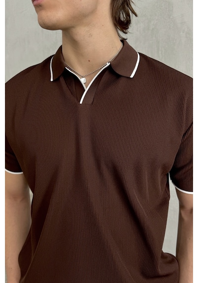 Erkek Oversize Selanik Polo Yaka Triko T-shirt Kahverengi