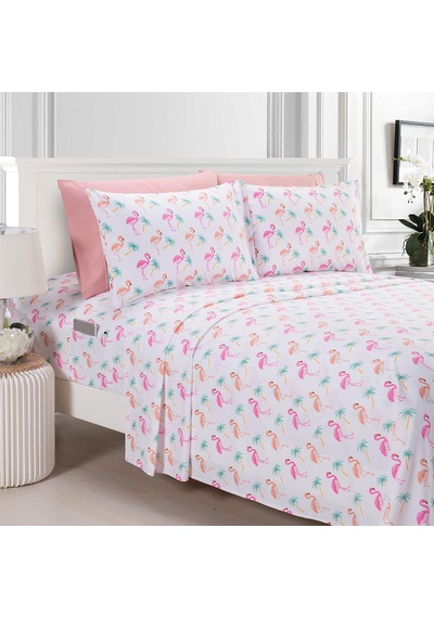 Lexroo Ultra Yumuşak Çift Fırçalı 6 Parça Mikrofiber Çarşaf Seti Güzel Tropikal - Flamingo, Queen Çok Renkli