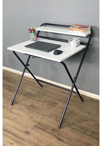 Lich Metal Ayaklı Katlanır Çalışma Masası Beyaz Raflı Laptop Sehpası Çizim Ve Ders Masası Beyaz - Siyah