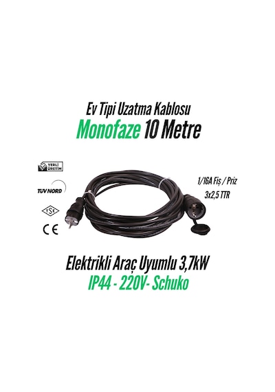Bemis Elektrikli Araç Monofaze Uzatma Kablosu 16a 10 Metre-3,7 Kw-1/16a Fiş-1/16a Priz 3x2,5 Ttr 3,7 Kw-1/16a Fiş-1/16a Priz 3x2,5 Ttr