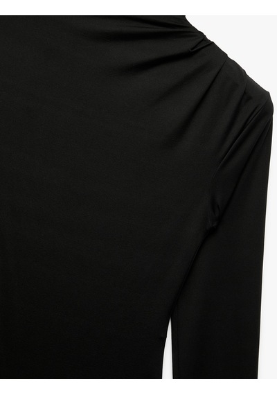Koton Slim Fit Hafif Dik Yaka Drape Detaylı Uzun Kollu Bodysuit Siyah 6wak80083ek Siyah