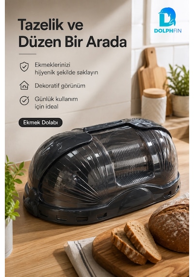 Kapaklı Ekmek Dolabı Plastik Ekmeklik Mutfak Tezgah Üstü Ekmek Saklama Kabı - Siyah