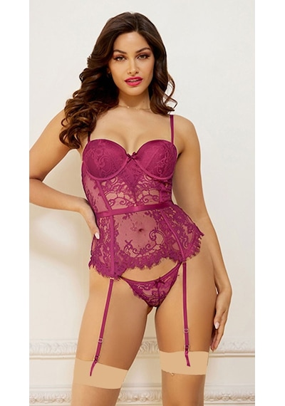 New Dreams Modern Dantelli Elegant Tasarım Jartiyer Gecelik Set Mor Mor