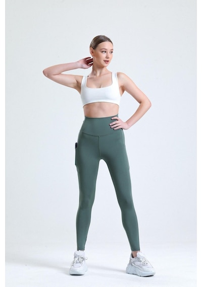 Thıff Gymwear Yeşil Yüksek Bel Push-up Çift Cepli Bilek Hizasında Spor Tayt