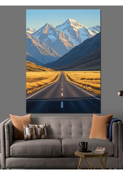 Ahşap Tablo Dağlar Yol Güneşli Manzara