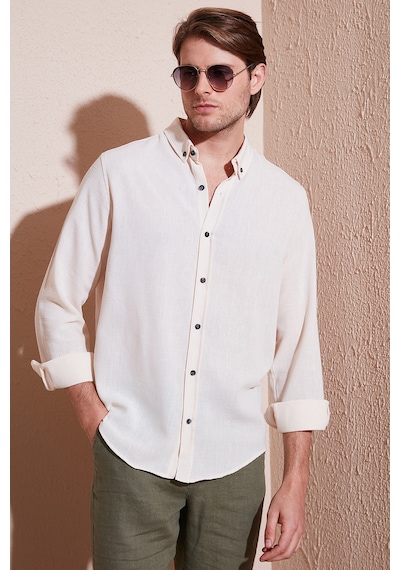 Buratti Regular Fit Uzun Kollu Düğmeli Yaka Erkek Gömlek Cf25S116777 Krem