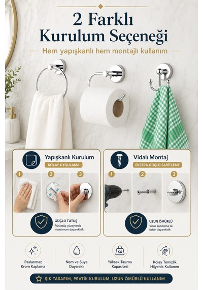 Alper Banyo Krom 3'Lü Banyo Seti, Yuvarlak Havluluk, Kağıtlık Ve Bornoz Askısı