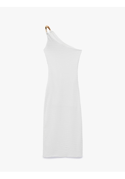 Koton Koton X Sibil Çetinkaya - Bürümcük Kumaş Asimetrik Yaka Aksesuarlı Tek Omuz Bodycon Elbise Kırık Beyaz 6sak80113uk Ekru