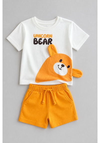 Eray Alp Kids Erkek Çocuk Beyaz Baskılı Ayıcık Tişört Şort Takımı Yazlık Günlük Model