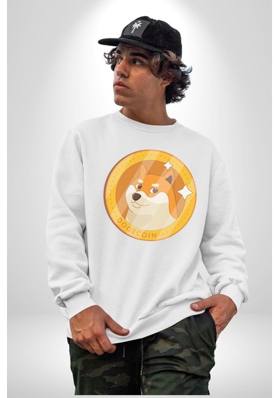 Doge Coin Unisex Beyaz Baskılı Sweatshirt Beyaz