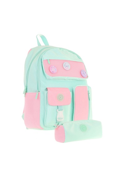 Kaukko Travel Kız Çocuk Rozetli Okul Çantası Ve Kalemlik Seti - Turkuaz Pembe - Beş Bölmeli Turkuaz - Pembe