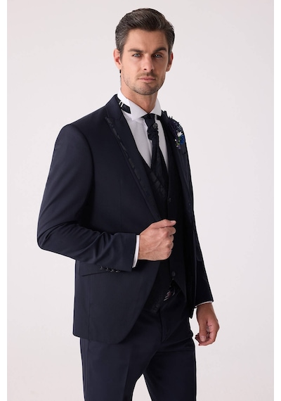 Ysf Erkek Lacivert Çıkma Şal Yaka Slim Fit Damatlık