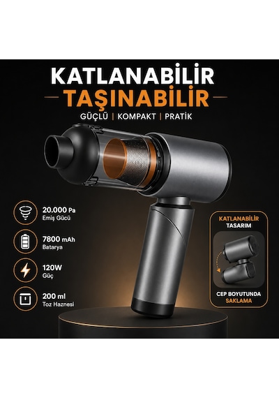 20.000 Pa Kablosuz Araç Süpürgesi 120w Güçlü Emiş 7800 Mah Şarjlı El Süpürgesi 8 Başlıklı Hepa Filtreli Mini Vakum Gri