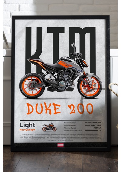 Ktm Duke 200 Siyah Ahşap Çerçeveli Poster, Dekoratif Motosiklet Duvar Tablosu