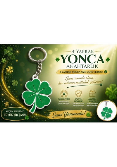 Yonca Anahtarlık , 4 Yapraklı Yonca Anahtarlık - Şans Yoncası Araba Anahtarlığı