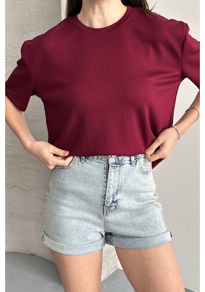 Balenbi Kadın Modal Bisiklet Yaka Basic Yarım Kollu T-shirt 1211 Bordo