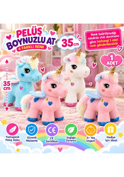 35 Cm Dört Ayaklı Peluş Boynuzlu At Unicorn Yumuşak Kanatlı 1 Adet Çok Renkli