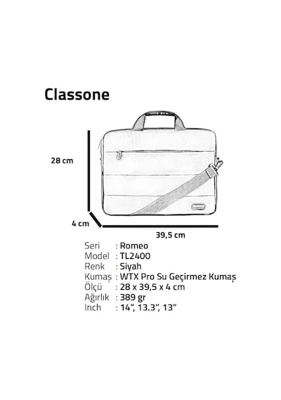 Classone Romeo Serisi TL2400 13 14" Notebook Apple Uyumlu MacBook El Çantası Çantası