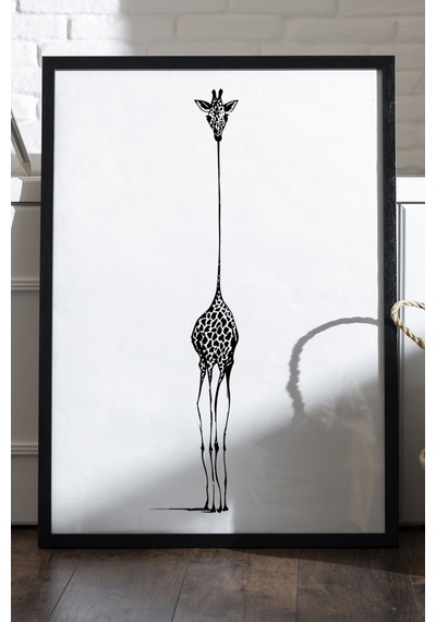 Giraffe Siyah Ahşap Çerçeveli Poster, Dekoratif Soyut Monokrom Duvar Tablosu