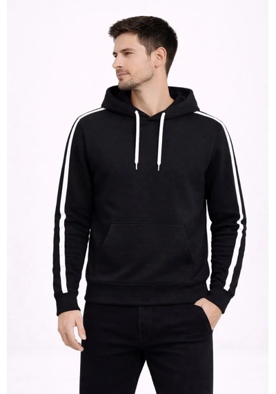 Modi Erkek Şeritli Kapüşonlu Sweatshirt Oversize 3 Iplik Pamuklu - Siyah Açık Siyah