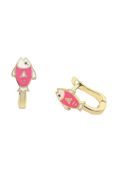Pembe Şirin Balık Klipsli Altın Çocuk Küpe Sarı Altın