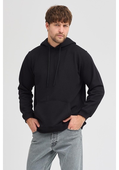 Polostate Erkek Siyah Standart Fit Normal Kesim Içi Polarlı 3 Iplik Kapüşonlu Pamuklu Sweatshirt Siyah