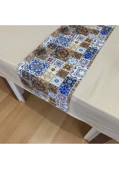 Etnik Desenli Runner, Duck Kumaş Runner, Su Ve Leke İtici Dayanıklı, Modern Tasarım 40x145 Cm Çok Renkli