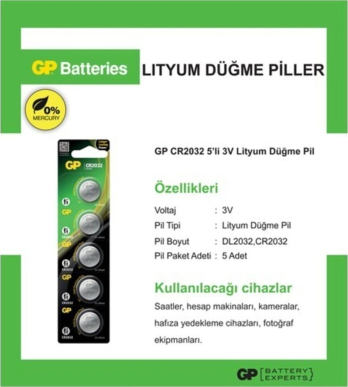Gp Cr 2032 3v Düğme Pil 15'li