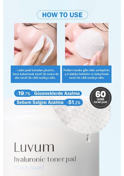 Luvum Hyalüronik Asit ve Cadı Fındığı İçeren Nemlendirici Tonikli Ped Luvum Toner Pad 60 adet