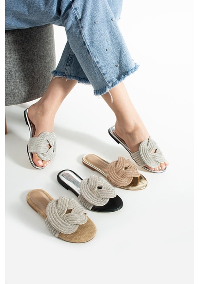 Dabab Shoes Lumıry Siyah Kadın Taşlı Düğümlü Bantlı Düz Işıltılı Terlik