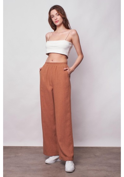 JUMENT Keten Yüksek Bel Beli Lastikli Yan Cepli Bol Paça Pantolon -camel