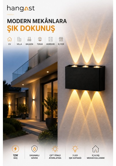 Pilli Gün Işığı 12w 3 Led Çift Yönlü Siyah Duvar Aplik Dekoratif Led Aydınlatma İç Dış Mekan Siyah