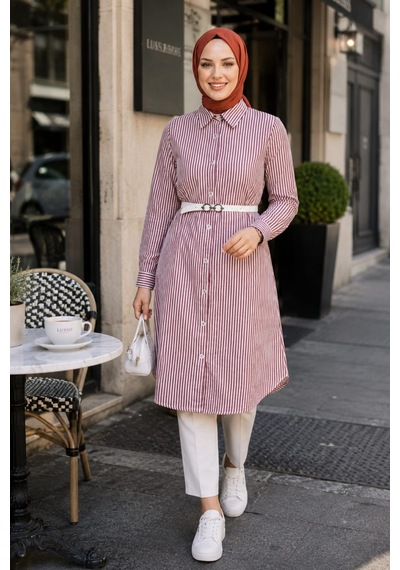 Hb Harma Time Butik Kadın Çizgi Desenli Kemerli Keten Mor Gömlek